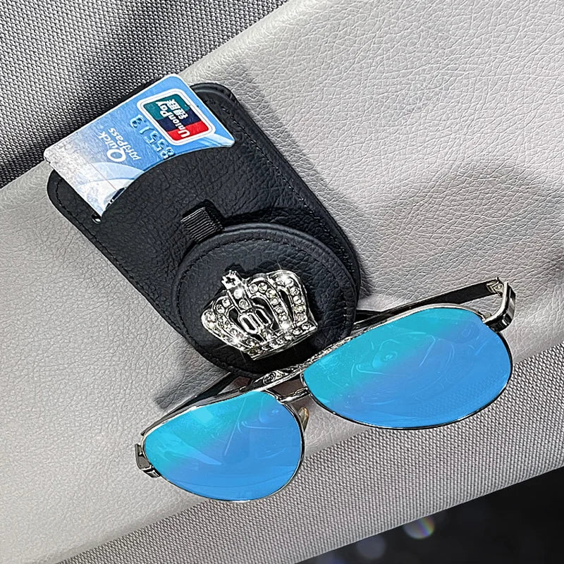 Universal Genuine Leather Car Glasses Case Ticket Card Clamp Diamond Crown Car Sun Visor Sunglasses Holder Men Car Accessories