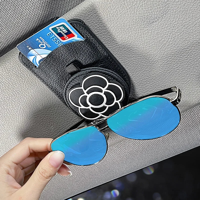 Universal Genuine Leather Car Glasses Case Ticket Card Clamp Diamond Crown Car Sun Visor Sunglasses Holder Men Car Accessories