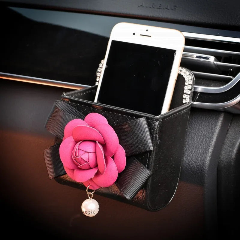 👑 Luxe Camellia Diamond Car Vent Trash Box & Storage Pouch – Chic Organization for Queens 👑