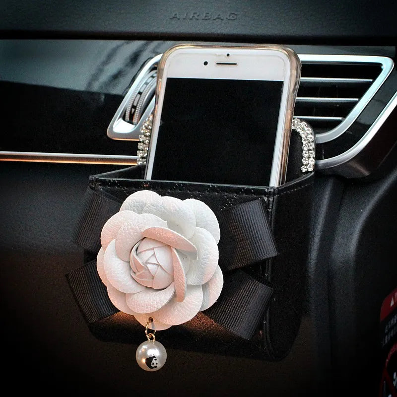 👑 Luxe Camellia Diamond Car Vent Trash Box & Storage Pouch – Chic Organization for Queens 👑